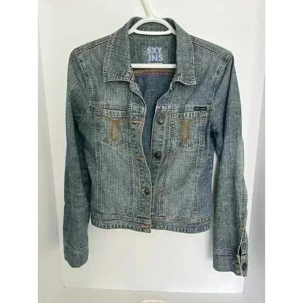 Sxy Jeans Y2K Distressed Denim Jacket Crop Medium Wash Vintage Aesthetic